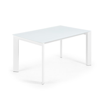 Mesa extensible Axis en cristal blanco y patas de acero acabado blanco 140 (200) cm