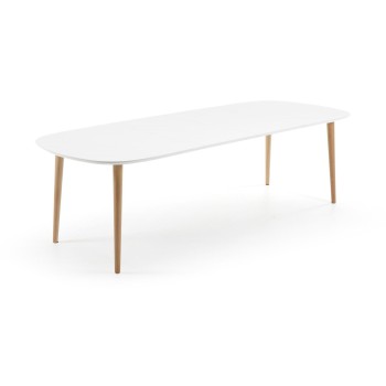 Mesa extensible Oqui, MDF lacado blanco, patas 100 natural, lacado blanco