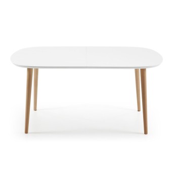 Mesa extensible Oqui, MDF lacado blanco, patas 100 natural, lacado blanco