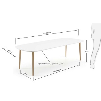 Mesa extensible Oqui, MDF lacado blanco, patas 100 natural, lacado blanco