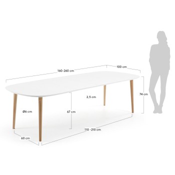 Mesa extensible Oqui, MDF lacado blanco, patas 100 natural, lacado blanco
