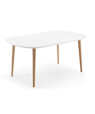 Mesa extensible Oqui, MDF lacado blanco, patas 100 natural, lacado blanco