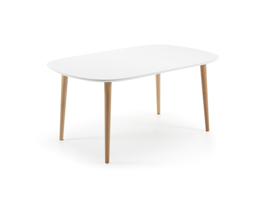 Mesa extensible Oqui, MDF lacado blanco, patas 100 natural, lacado blanco