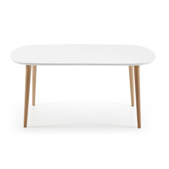 Mesa extensible Oqui, MDF lacado blanco, patas de haya maciza, 160(260)x 100cm