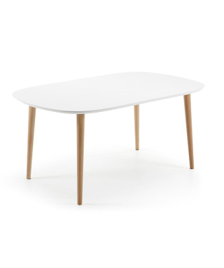 Mesa extensible Oqui, MDF lacado blanco, patas de haya maciza, 160(260)x 100cm