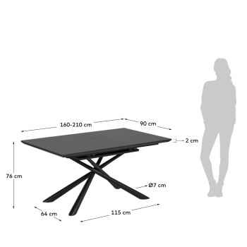 Mesa extensible Theone en cristal y patas de acero con acabado negro 160 (210) x 90 cm