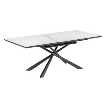 Mesa extensible Theone en porcelana blanca con patas de acero acabado negro, 160 (210) x 90 cm