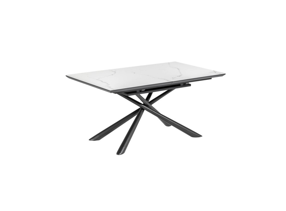 Mesa extensible Theone en porcelana blanca con patas de acero acabado negro, 160 (210) x 90 cm