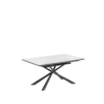Mesa extensible Theone en porcelana blanca con patas de acero acabado negro, 160 (210) x 90 cm