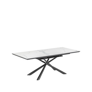 Mesa extensible Theone en porcelana blanca con patas de acero acabado negro, 160 (210) x 90 cm