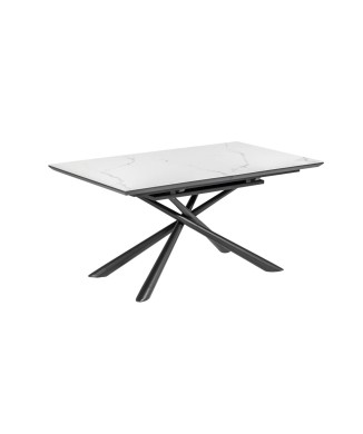 Mesa extensible Theone en porcelana blanca con patas de acero acabado negro, 160 (210) x 90 cm