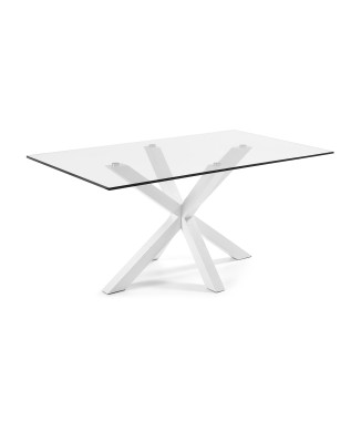 Mesa Argo de cristal con patas de acero, acabado blanco, 160 x 90 cm