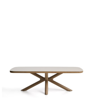 Mesa de exterior Mirtia en aluminio efecto madera y piedra sinterizada color crudo, 240 x 110 cm
