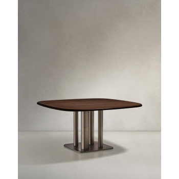 Mesa Melvar en chapa de nogal y patas con base de acero inoxidable cepillado 150 x 150 cm