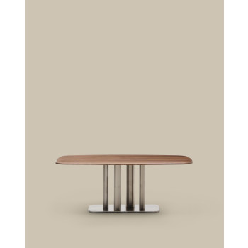 Mesa Melvar de chapa de nogal con patas y base de acero inoxidable cepillado, 180 x 100 cm.