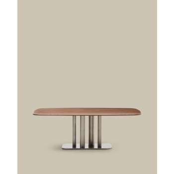 Mesa Melvar de chapa de nogal con patas y base de acero inoxidable cepillado, 220 x 110 cm.