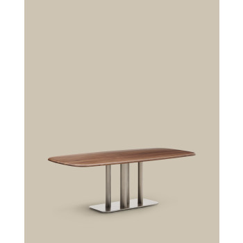 Mesa Melvar de chapa de nogal con patas y base de acero inoxidable cepillado, 220 x 110 cm.