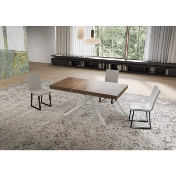 Mesa Niket con patas blancas y 2 extensibles, D.80 cm - Mesa extensible 80x160/244 cm Niket fresno blanco con patas blancas