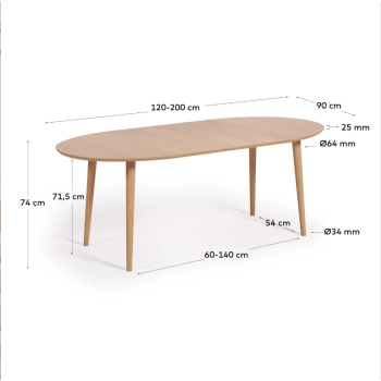 Mesa ovalada extensible Oqui en chapa de roble Ø120(20