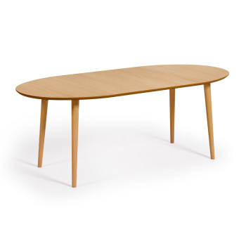 Mesa ovalada extensible Oqui en chapa de roble y patas de madera maciza Ø 120 (200) x 90 cm