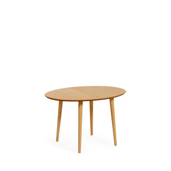 Mesa ovalada extensible Oqui en chapa de roble y patas de madera maciza Ø 120 (200) x 90 cm