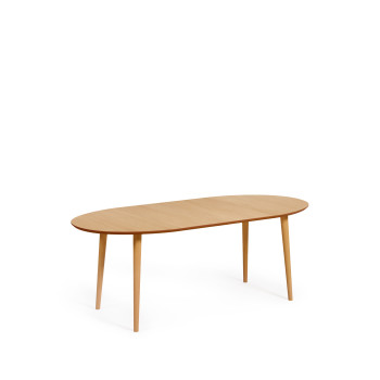 Mesa ovalada extensible Oqui en chapa de roble y patas de madera maciza Ø 120 (200) x 90 cm