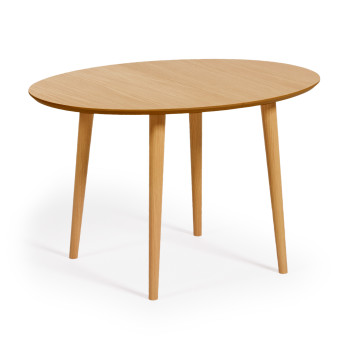 Mesa ovalada extensible Oqui en chapa de roble y patas de madera maciza Ø 120 (200) x 90 cm