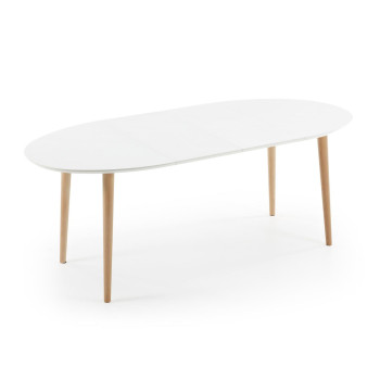 Mesa extensible ovalada Oqui, MDF lacado blanco, patas de haya maciza, 120 (200) x 90cm