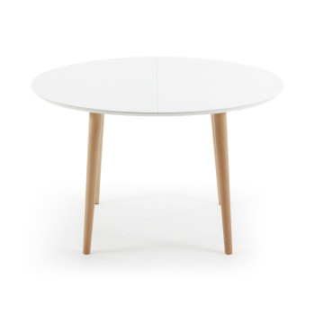 Mesa extensible ovalada Oqui, MDF lacado blanco, patas de haya maciza, 120 (200) x 90cm