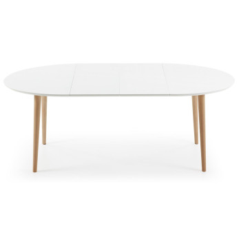 Mesa extensible ovalada Oqui, MDF lacado blanco, patas de haya maciza, 120 (200) x 90cm