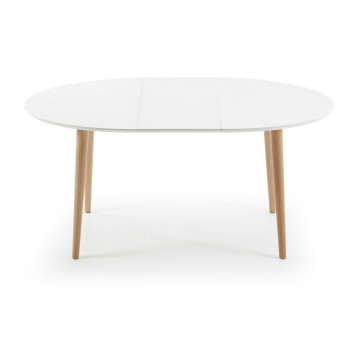 Mesa extensible ovalada Oqui, MDF lacado blanco, patas de haya maciza, 120 (200) x 90cm