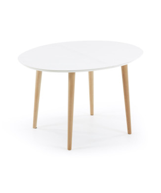 Mesa extensible ovalada Oqui, MDF lacado blanco, patas de haya maciza, 120 (200) x 90cm
