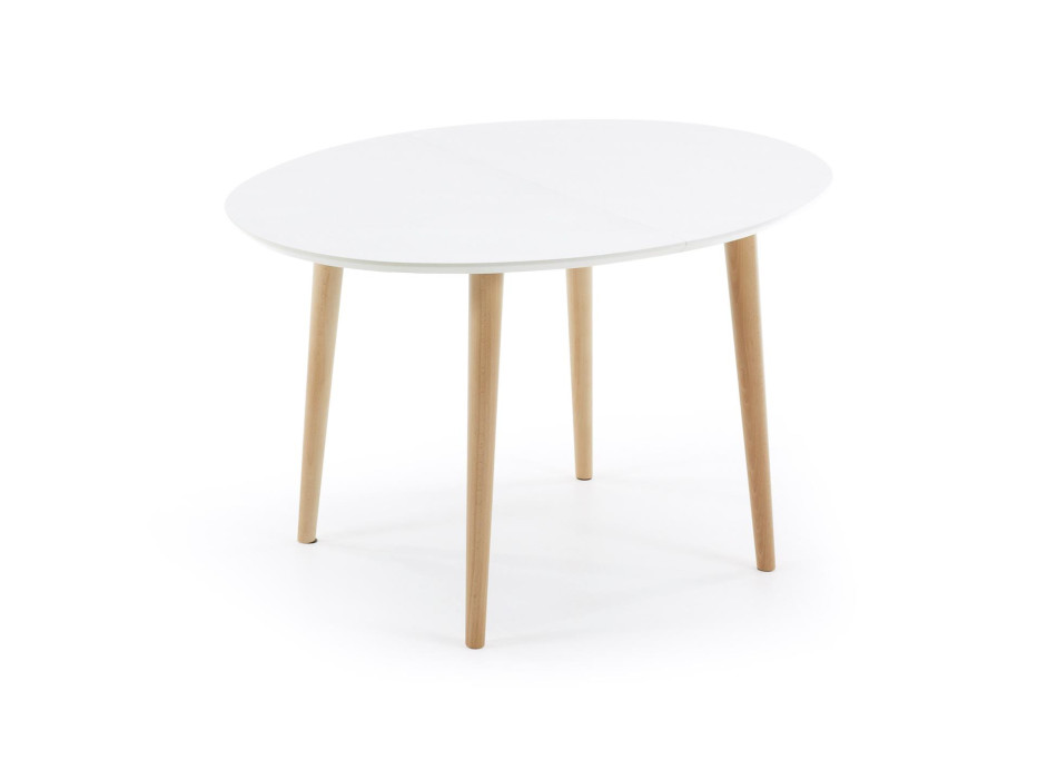Mesa extensible ovalada Oqui, MDF lacado blanco, patas de haya maciza, 120 (200) x 90cm