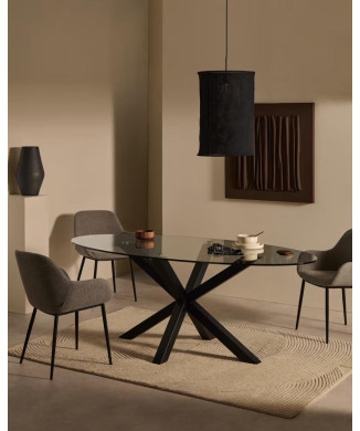 Mesa ovalada Argo de cristal con patas de acero y acabado negro, Ø 200 x 100 cm