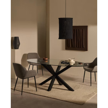 Mesa ovalada Argo de cristal con patas de acero y acabado negro, Ø 200 x 100 cm