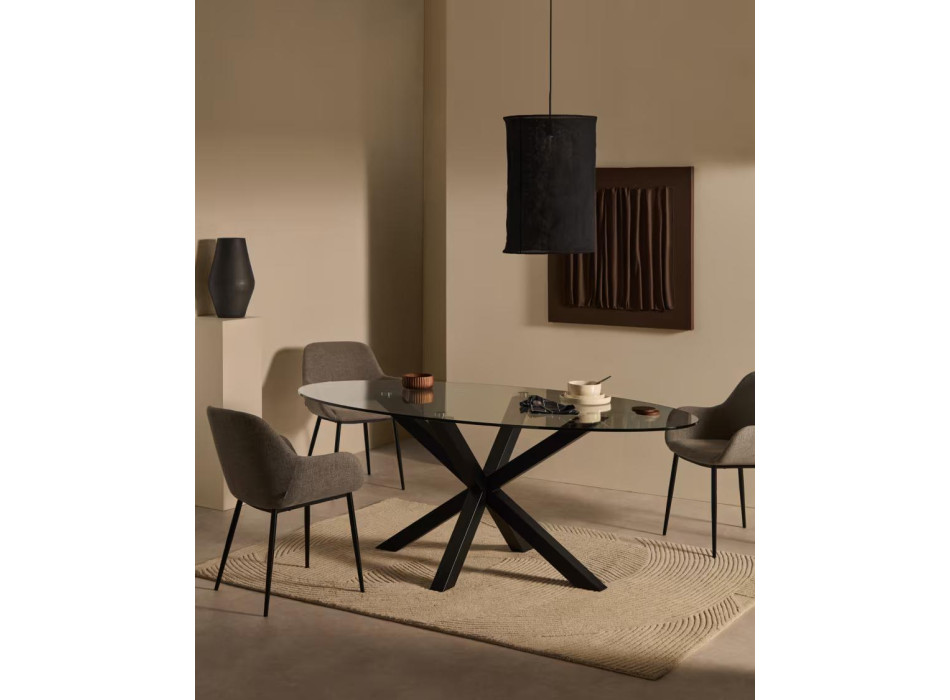 Mesa ovalada Argo de cristal con patas de acero y acabado negro, Ø 200 x 100 cm