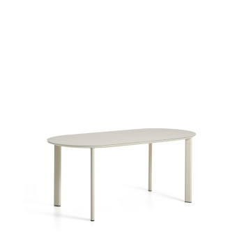 Mesa ovalada Erice de aluminio y cristal templado color crudo, 180 x 90 cm.