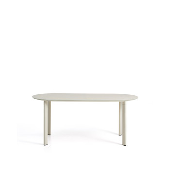 Mesa ovalada Erice de aluminio y cristal templado color crudo, 180 x 90 cm.