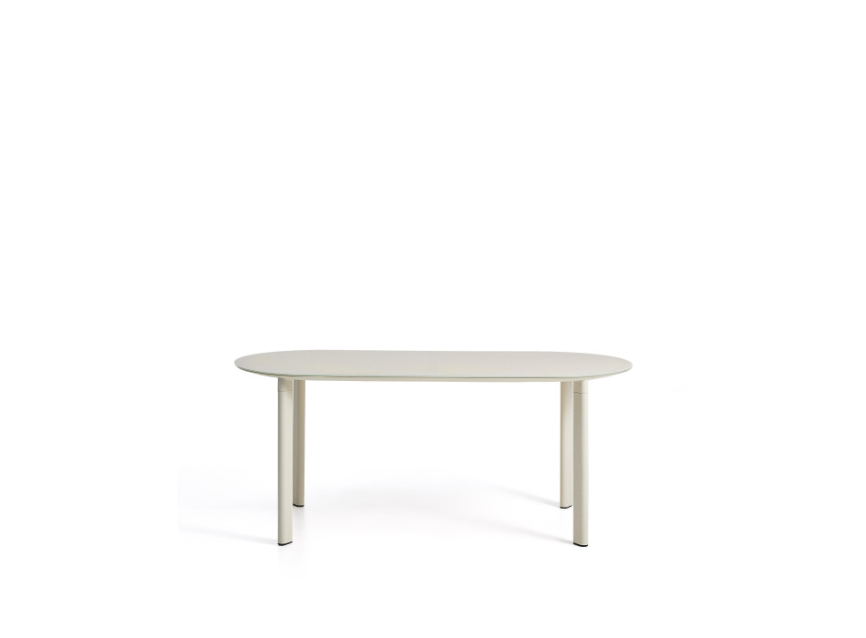 Mesa ovalada Erice de aluminio y cristal templado color crudo, 180 x 90 cm.