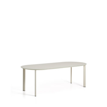 Mesa ovalada Erice de aluminio y cristal templado color crudo, 230 x 100 cm.
