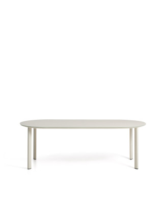 Mesa ovalada Erice de aluminio y cristal templado color crudo, 230 x 100 cm.