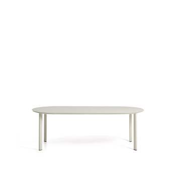 Mesa ovalada Erice de aluminio y cristal templado color crudo, 230 x 100 cm.