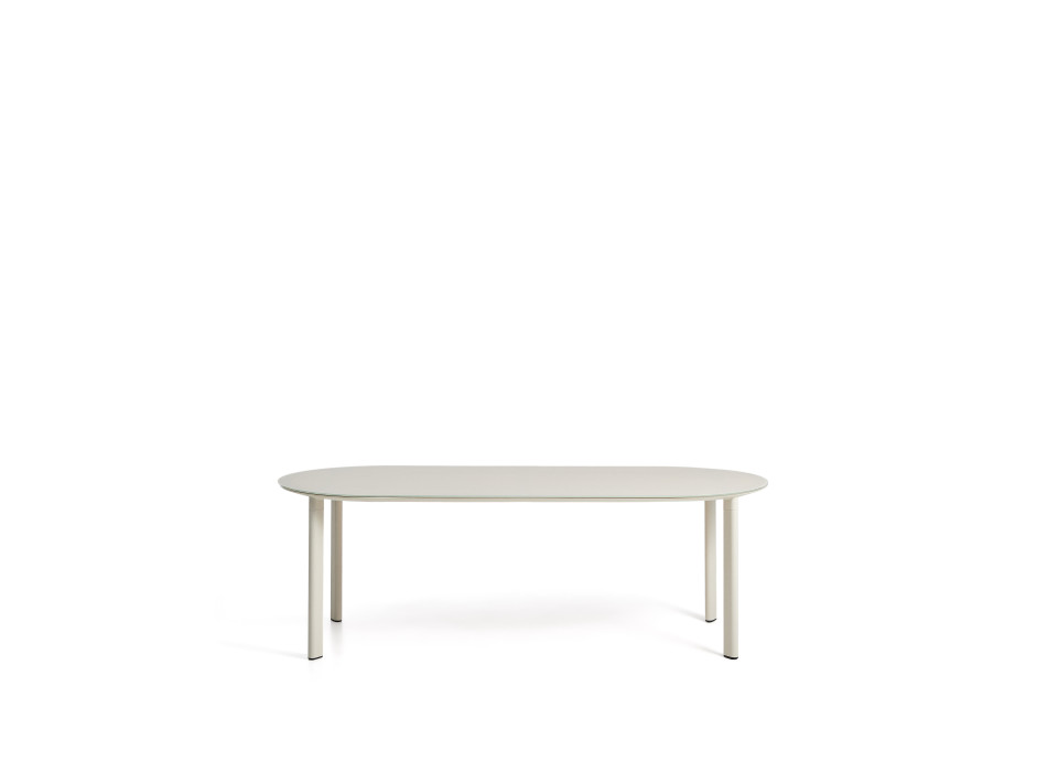 Mesa ovalada Erice de aluminio y cristal templado color crudo, 230 x 100 cm.