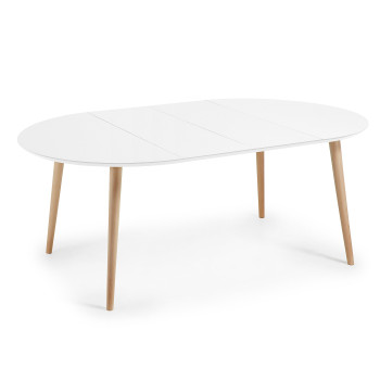 Mesa redonda extensible Oqui, MDF lacado blanco, patas de haya maciza, 120(200)x120cm
