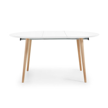 Mesa redonda extensible Oqui, MDF lacado blanco, patas de haya maciza, 120(200)x120cm