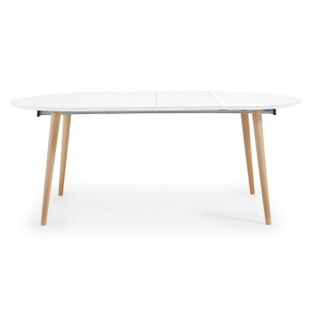 Mesa redonda extensible Oqui, MDF lacado blanco, patas de haya maciza, 120(200)x120cm