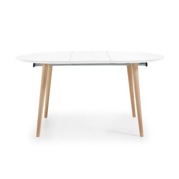 Mesa redonda extensible Oqui, MDF lacado blanco 120 natural, lacado blanco