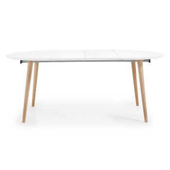 Mesa redonda extensible Oqui, MDF lacado blanco 120 natural, lacado blanco