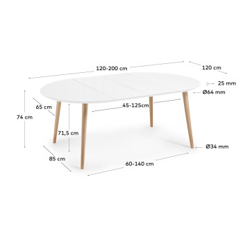 Mesa redonda extensible Oqui, MDF lacado blanco 120 natural, lacado blanco