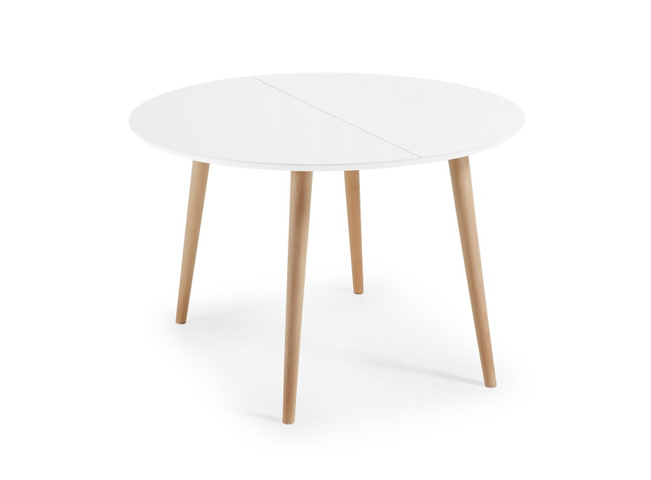 Mesa redonda extensible Oqui, MDF lacado blanco 120 natural, lacado blanco
